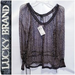 🤍🩵NWT! Lucky Brand 100% silk animal print long sleeve top sheer LARGE